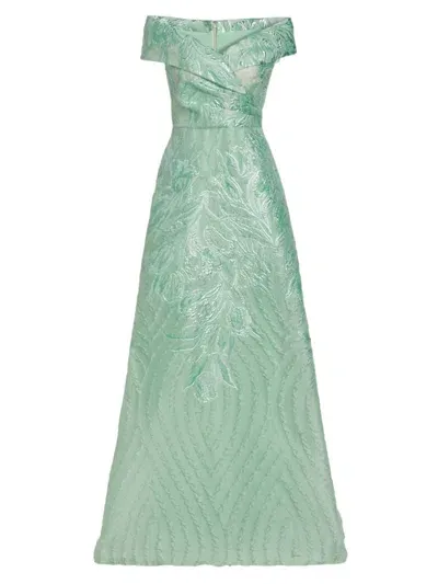 Teri Jon By Rickie Freeman Off-the-shoulder Metallic Jacquard Gown In Seafoam