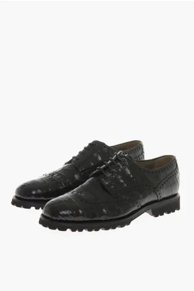 Testoni Crocodile Leather Brogue Sport Derby Shoes In Black