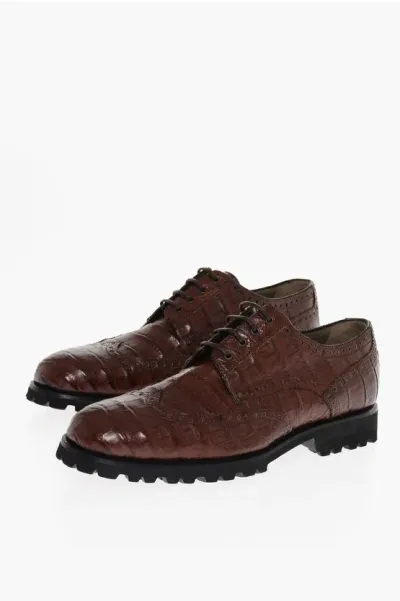 Testoni Crocodile Leather Derby Shoes With Commando Sole In Brown