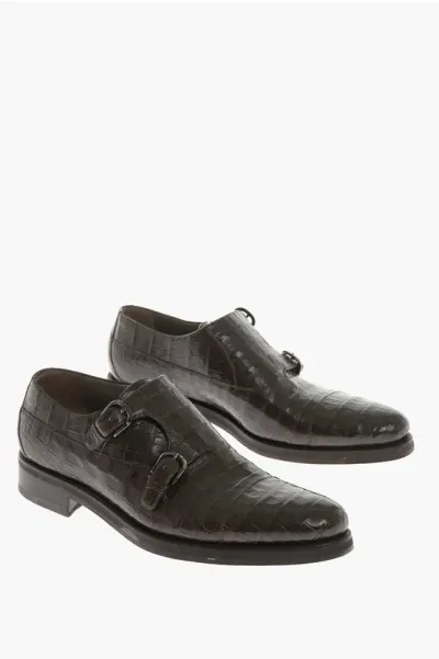 Testoni Crocodile Leather Double Strap Monk Shoes In Black