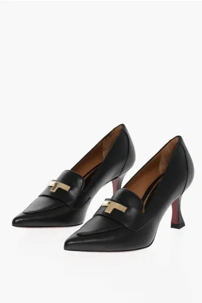 Testoni Leather Julie Pumps With Golden Detail Heel 7.5cm In Black