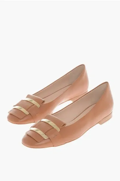 Testoni Leather Lady Ballet Flats With Golden-effect Detail In Brown