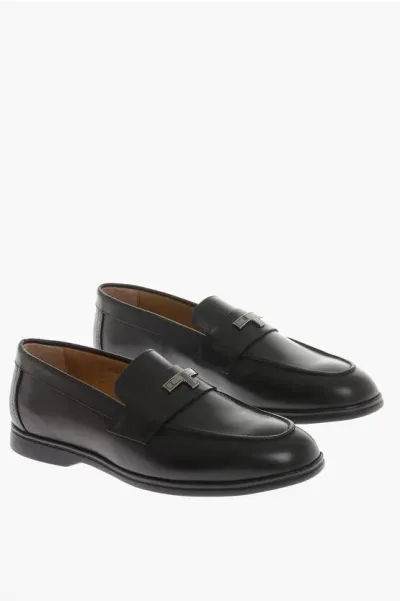 Testoni Leather Loafers With Frontal Logo In Black