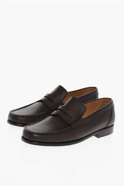 Testoni Solid Color Leather Bracciano Penny Loafers In Brown