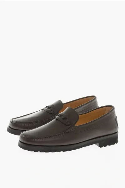 Testoni Solid Color Leather Gargano Penny Loafers In Brown