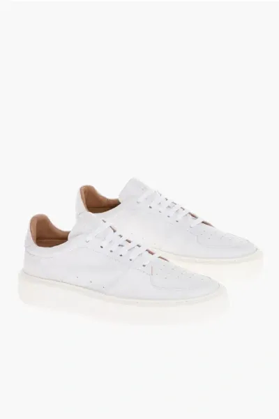 Testoni Solid Color Leather Sassari Low Top Sneakers In White