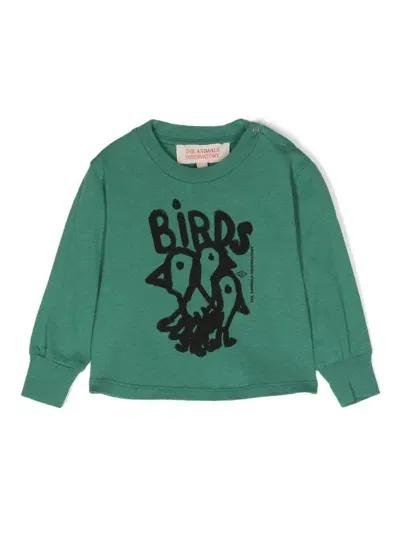 The Animals Observatory Babies' Birds-print Long-sleeve T-shirt In Green