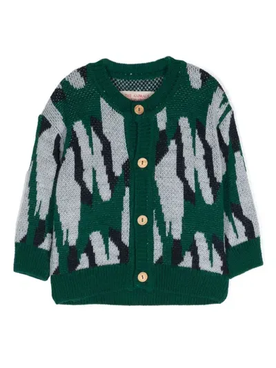 The Animals Observatory Babies' Serval Jacquard Cardigan In Green