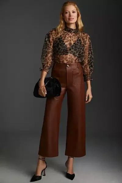 The Colette Collection By Maeve Maeve The Colette Cropped Vegan Leather Trousers In Brown