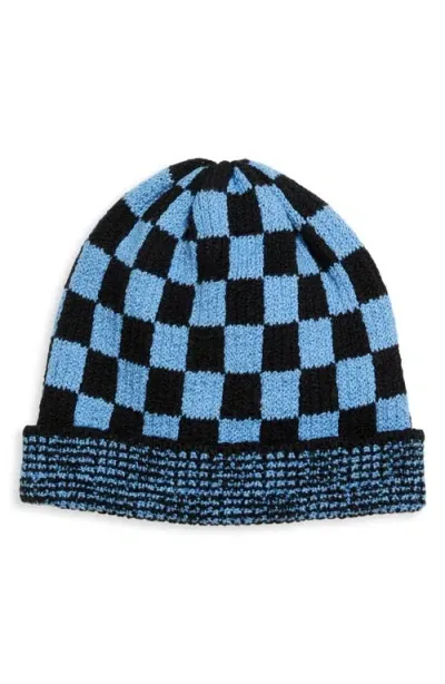 The Elder Statesman Bolt Checkerboard Knit Beanie In Black/crypto Blue