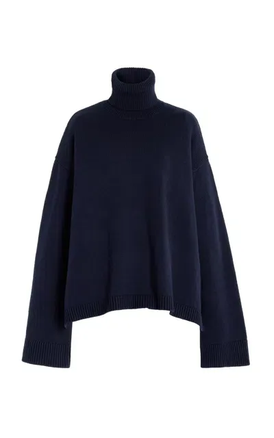 The Frankie Shop Rhea Oversized Wool-cotton Turtleneck Sweater In Navy