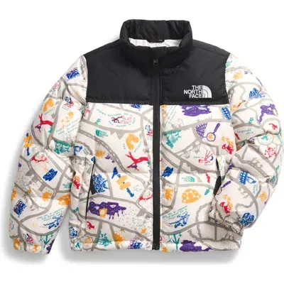 The North Face Kids' 1996 Retro Nuptse® Packable 700 Fill Power Down Jacket In White Dune Woodcut Trail Map