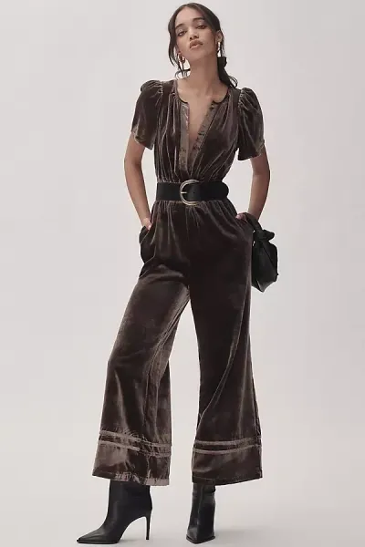 The Somerset Collection By Anthropologie The Somerset Jumpsuit: Velvet Edition In Beige