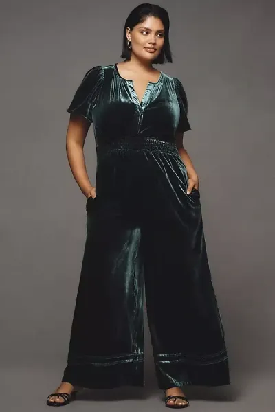 The Somerset Collection By Anthropologie The Somerset Jumpsuit: Velvet Edition In Green