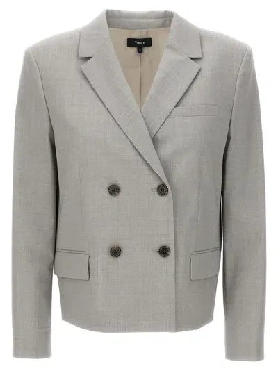 Theory Double-breasted Wool-blend Blazer In Grey