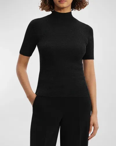 Theory Leenda Regal Merino Wool Short-sleeve Mock-neck Top In Black