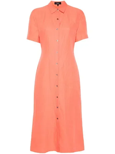 Theory Linen Midi Dress In Orange