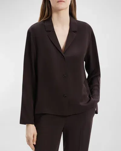 Theory Modern Silk Georgette Lapel-collar Blouse In Hickory