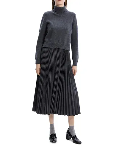 Theory Pleated Turtleneck Sweater Dress In Charcoal Melange