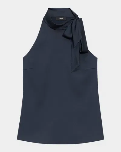 Theory Satin Tie Halter Blouse In Nocturnal Navy