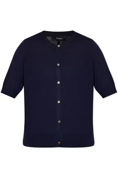 Theory Short-sleeve Cashmere Cardigan In Blue