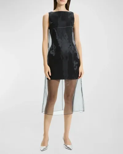 Theory Sleeveless Organza Overlay Boat-neck Midi Dress In Black