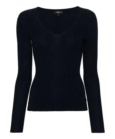 Theory V-neck Rib Knit Top In Black