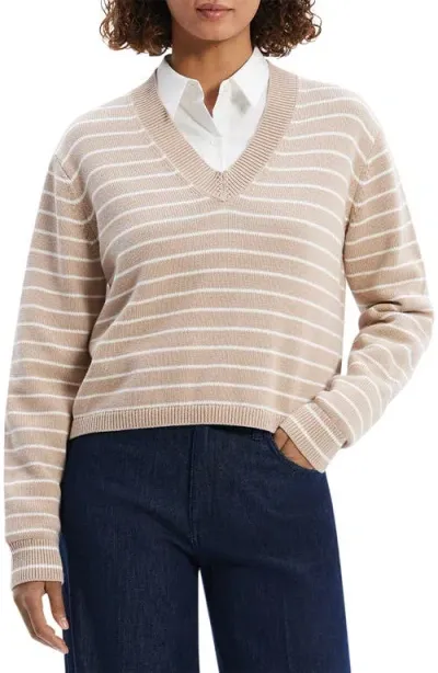 Theory Waverly Stripe Cotton V-neck Crop Sweater In Light Camel/white