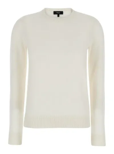 Theory White Crewneck Sweater In Cashmere