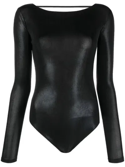 There Was One Shiny-effect Open-back Bodysuit In Black