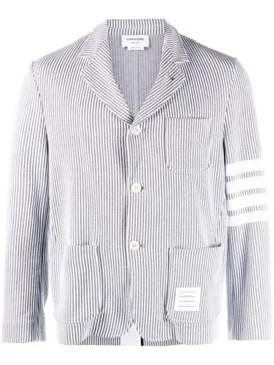 Thom Browne 4-bar Seersucker Single-breasted Blazer In Gray