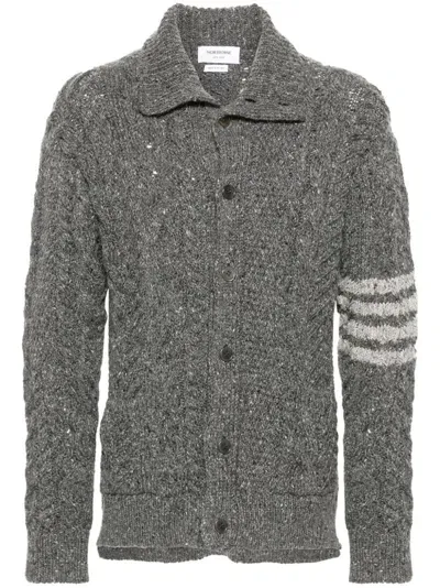 Thom Browne 4-bar Stripe Cable-knit Cardigan In Grey