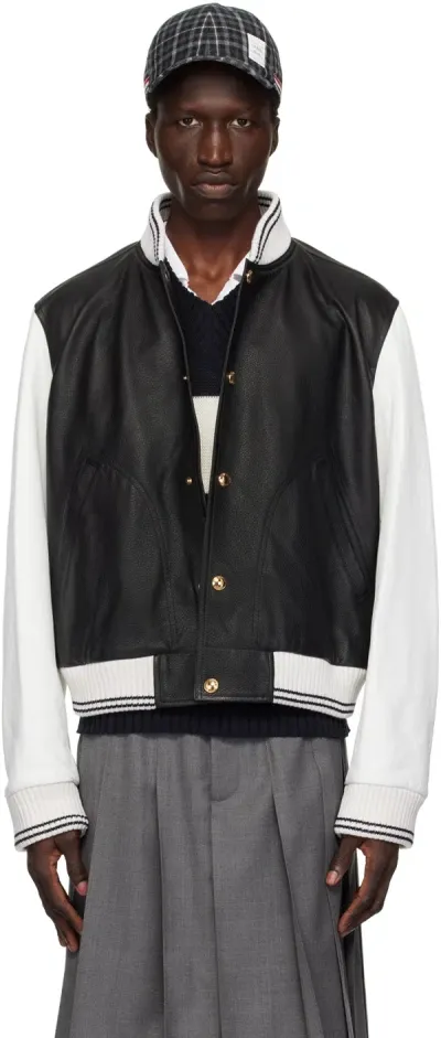 Thom Browne Black & White Press-stud Leather Jacket In 001 Black