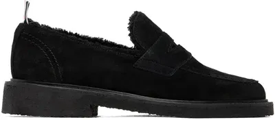 Thom Browne Black Shearling Penny Loafers In 001 Black