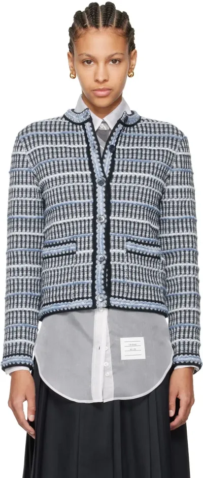 Thom Browne Blue Crewneck Cardigan In Navy