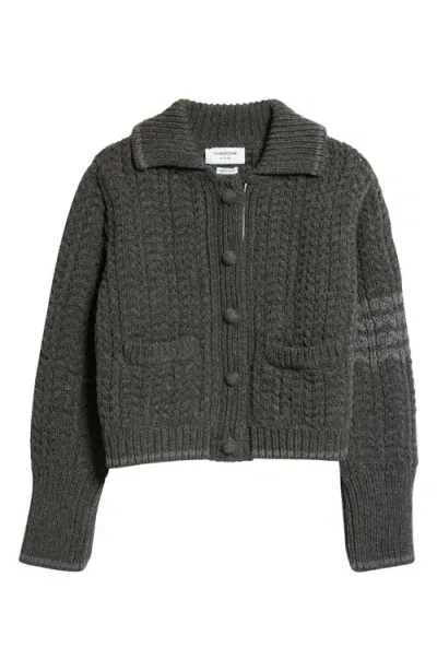 Thom Browne Cable Knit Virgin Wool Cardigan In 025 Dark Grey