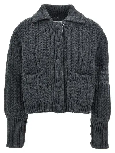 Thom Browne Grey Crop Cardigan With Patch Pockets In Cable Knit Wool In Gray