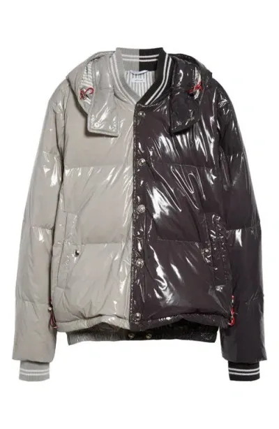 Thom Browne Colorblock Down Puffer Jacket With Removable Hood In Light Grey