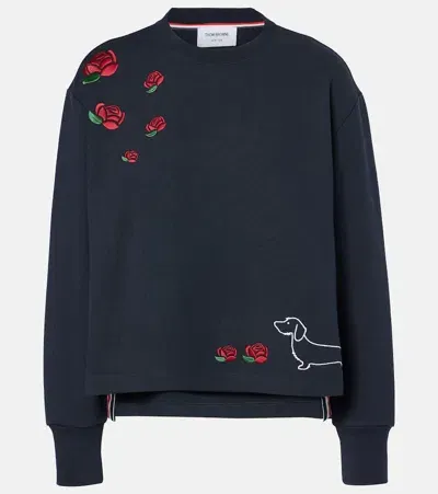 Thom Browne Embroidered Cotton Jersey Sweatshirt In Blue