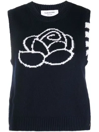 Thom Browne Floral-intarsia Sleeveless Knitted Top In Blue