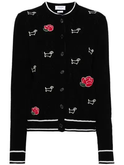 Thom Browne Hector And Rose Embroidered Wool Cardigan In Black