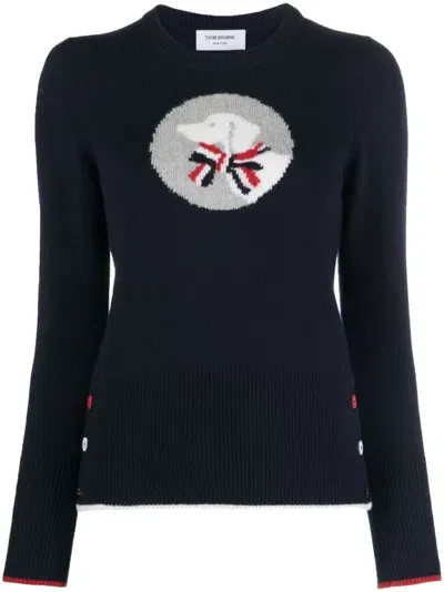 Thom Browne Hector & Bow Virgin Wool Jumper In Blue