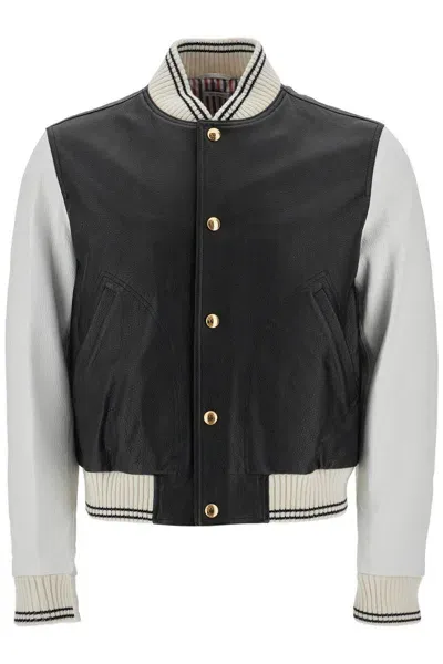 Thom Browne Leather Varsity Bomber Jacket In Black