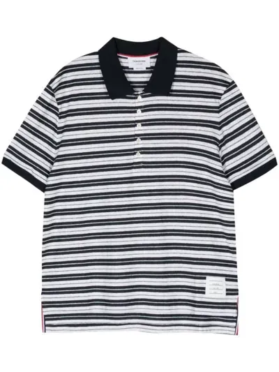 Thom Browne Logo-patch Striped Polo Shirt In Grey