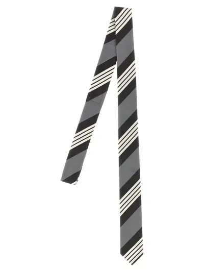 Thom Browne Logo Patch Striped Tie In Grey