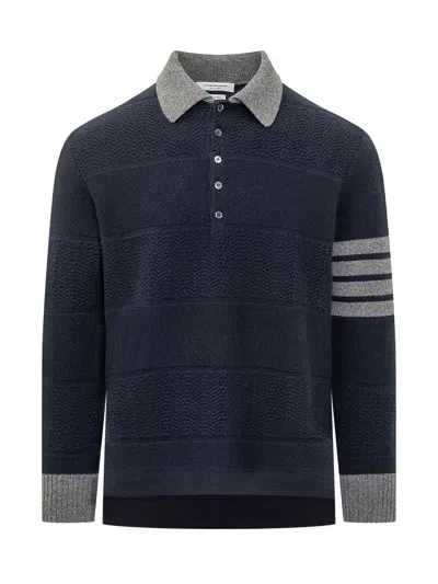 Thom Browne Long Sleeved Polo In Blue