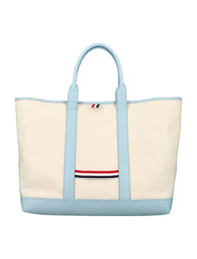 Thom Browne Medium Rwb-stripe Canvas Tote Bag In Natural/light Blue 1