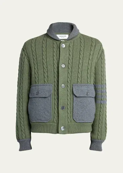 Thom Browne Cable-knit Colour-block Cardigan In Bright Green