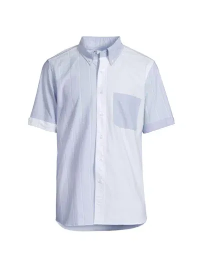 Thom Browne Straight Fit Colorblock Short Sleeve Cotton Button-down Shirt In Navy