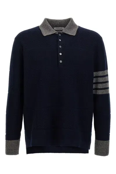 Thom Browne 4-bar Striped Virgin Wool Polo Sweater In Blue